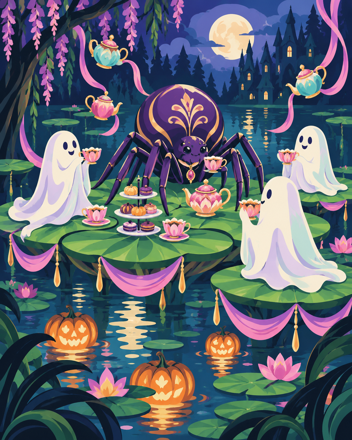 Halloween Spider’s Floating Tea Garden Paint by Number Kit 24 Colors