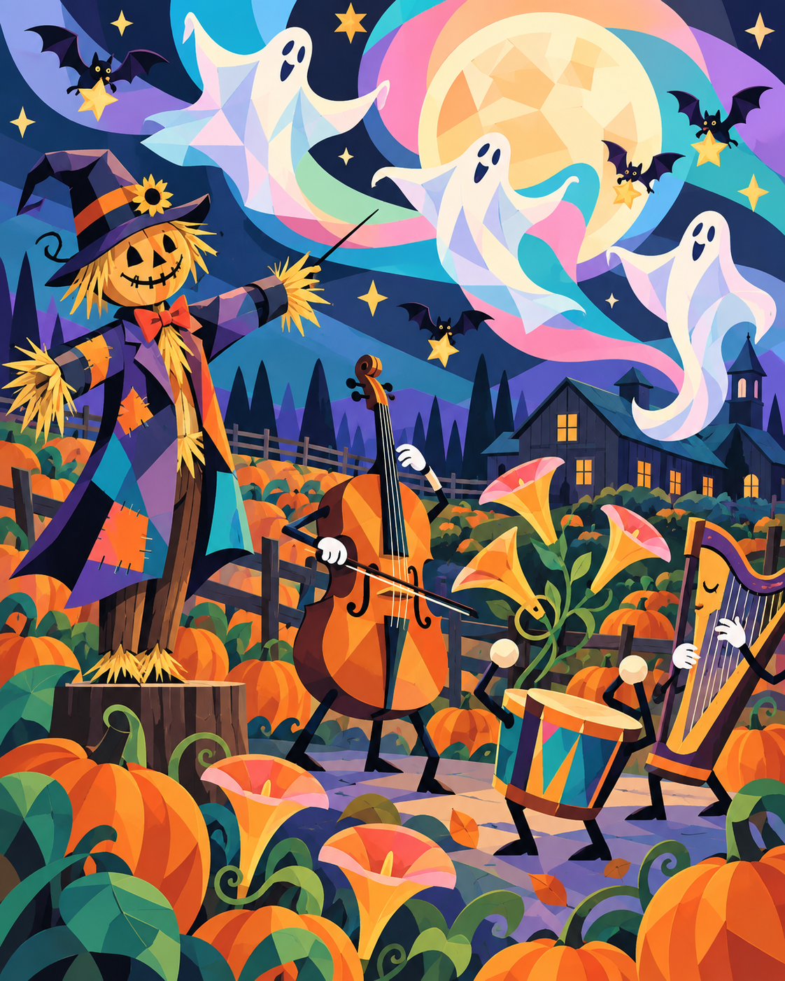 Halloween Scarecrow Moon Orchestra Paint by Number Kit 24 Colors