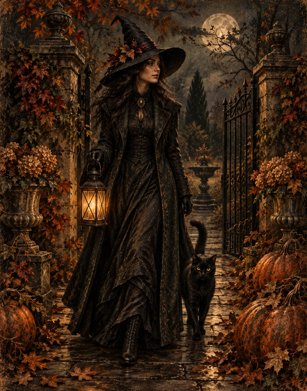 Moonlit Witch and Black Cat – Vintage Halloween Printable