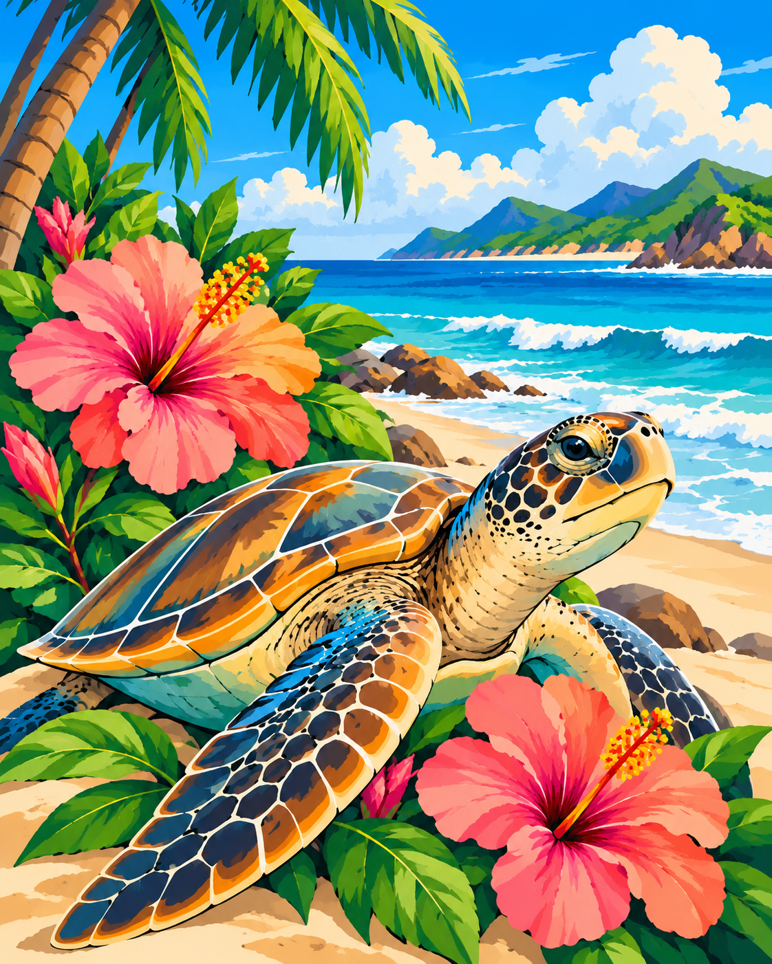 Test-Tropical Sea Turtle & Hibiscus Digital Painting Kit – Canvas By Color