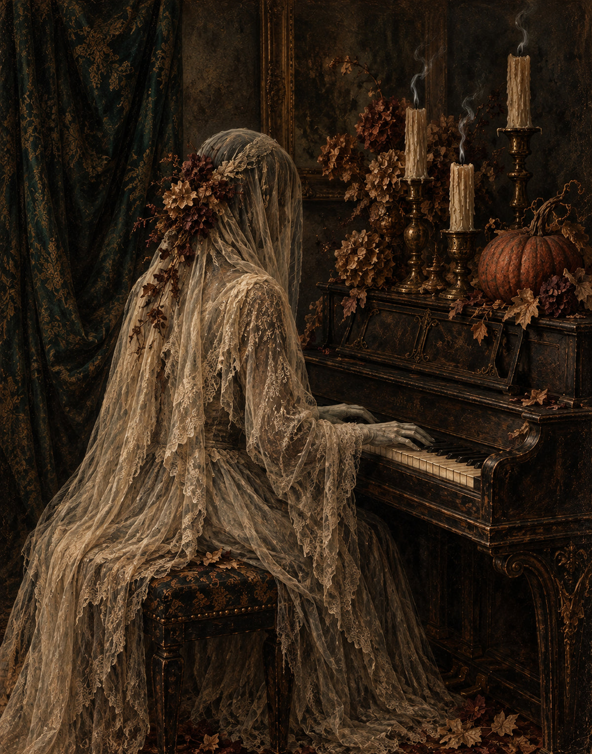 Veiled Ghost at the Piano – Vintage Halloween Printable